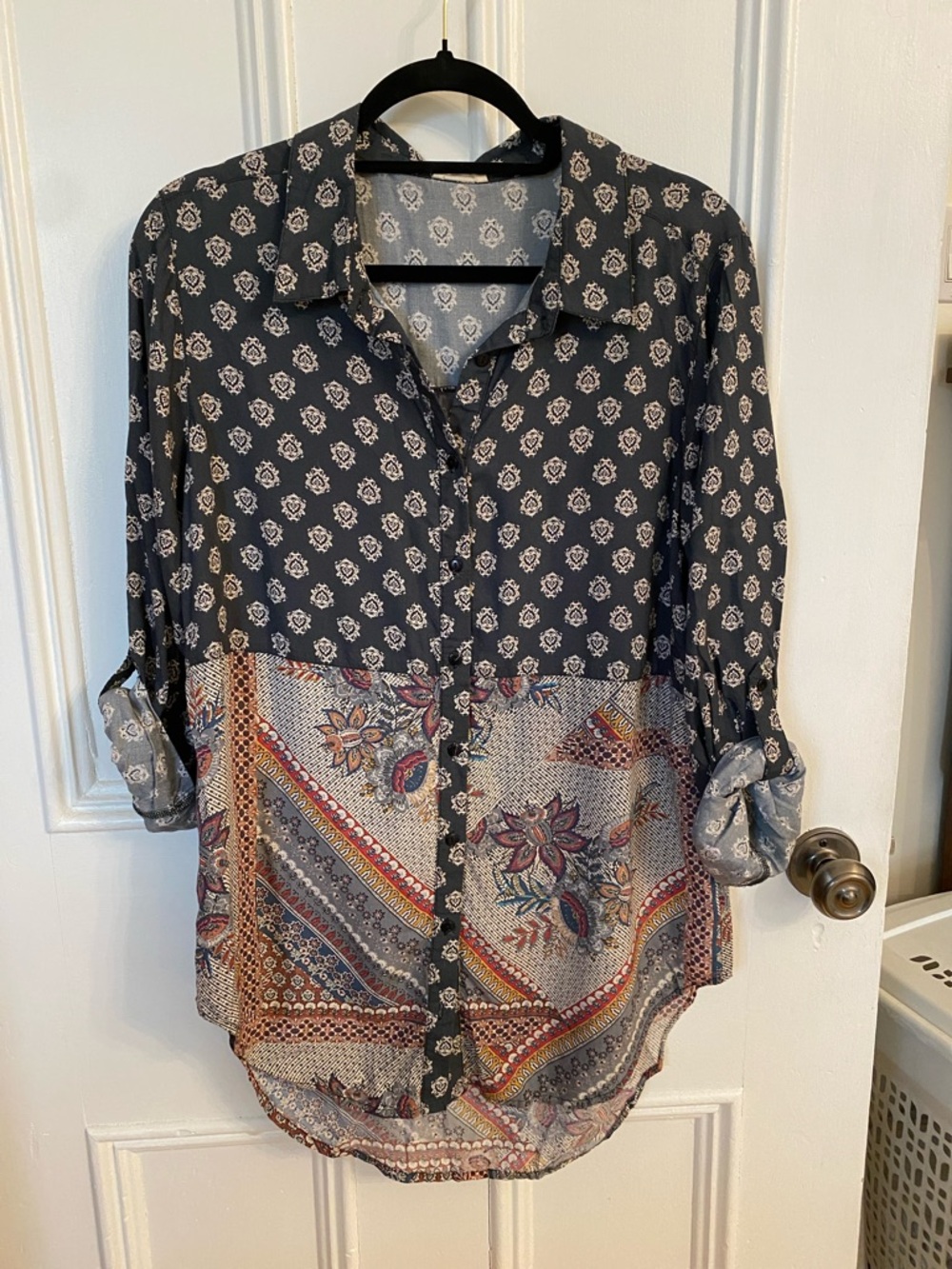 Mixed-Print Button-Front Blouse in Navy and Cream